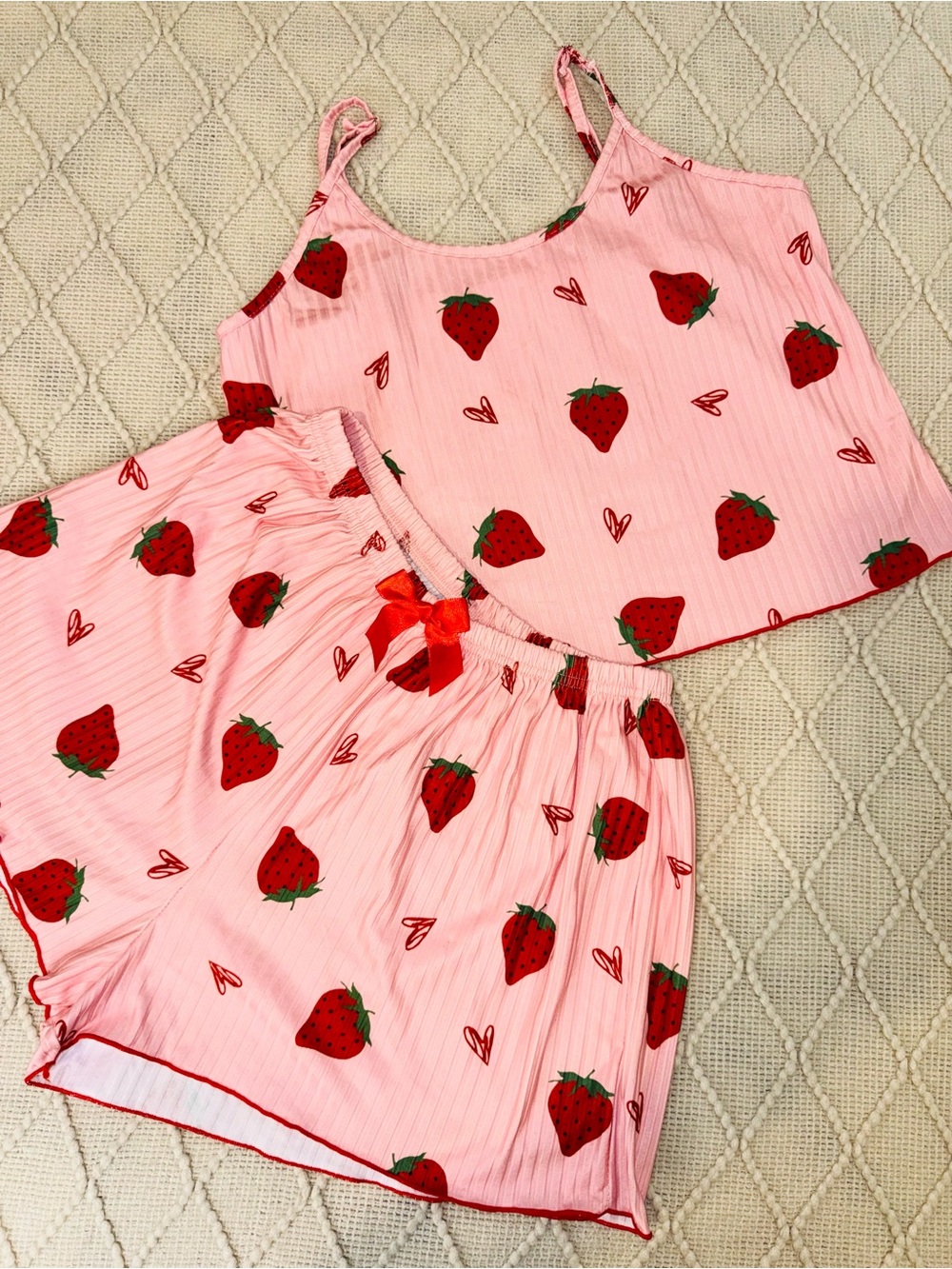 SHEIN Women’s Pink Strawberry Print Pajama Set - Crop Tank & Shorts S